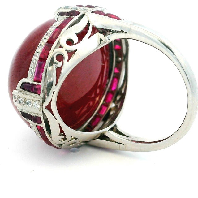Vintage Platinum Cabochon Ruby, Ruby and Diamond Statement Ring, Size 6.5 For Sale - Image 11 of 15