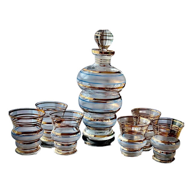 Frosted and Gilt Glass Decanter Set, 1960s, Set of 7 For Sale