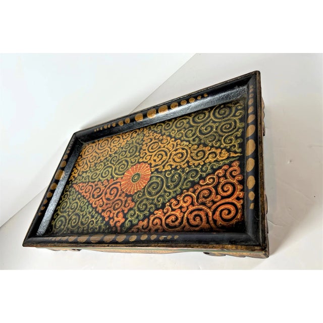 Early 21st Century Colorful Painted Tibetan Design Tray For Sale In Chicago - Image 6 of 11
