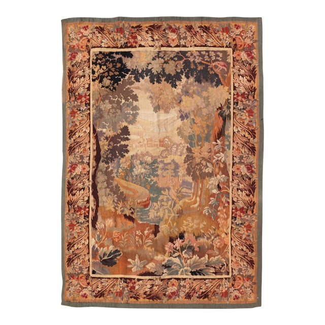 Antique French Tapestry With Woodland Landscape and Swan Design For Sale
