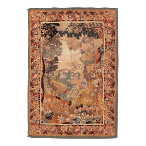 Antique French Tapestry With Woodland Landscape and Swan Design
