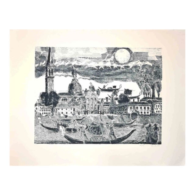 Gianpaolo Berto, Gondoliers in Venice, Original Etching, 1974 For Sale