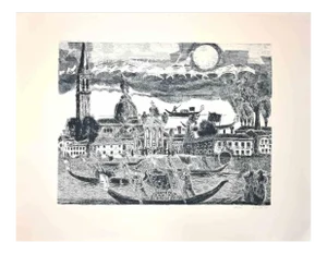 Gianpaolo Berto, Gondoliers in Venice, Original Etching, 1974