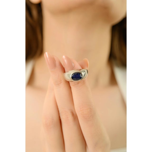 Signet Ring With Blue Sapphire East-West Gypsy Set Gemstone Size 8 For Sale - Image 6 of 12