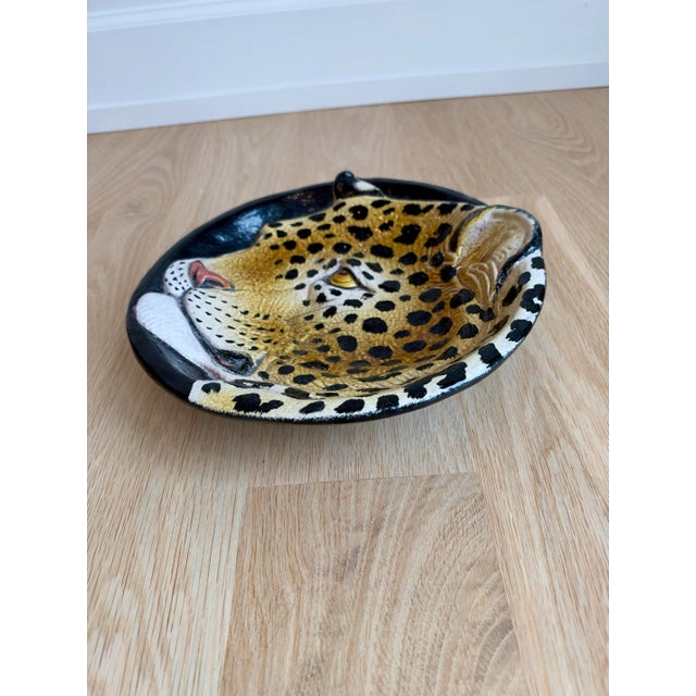 Vintage Italian Majolica Leopard Head Ceramic Bowl or Wall Plate For Sale - Image 4 of 5