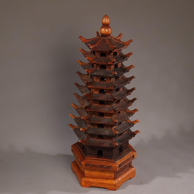 Vintage Rosewood Wenchang Pagoda Tower Statue 9-Tier Scholar's Desk Decor 17.7" For Sale - Image 9 of 10