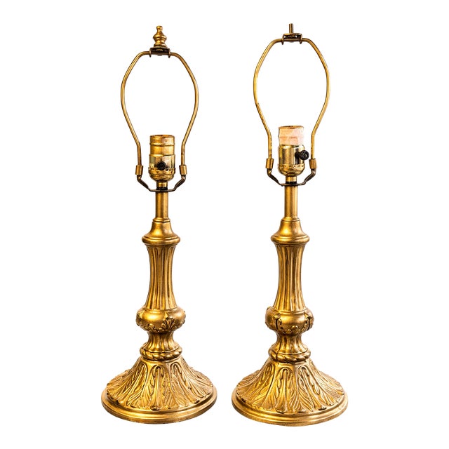 Vintage Hollywood Regency Cast Metal Table Lamps – Brass-Tone Finish 20” H Including Harp - a Pair For Sale