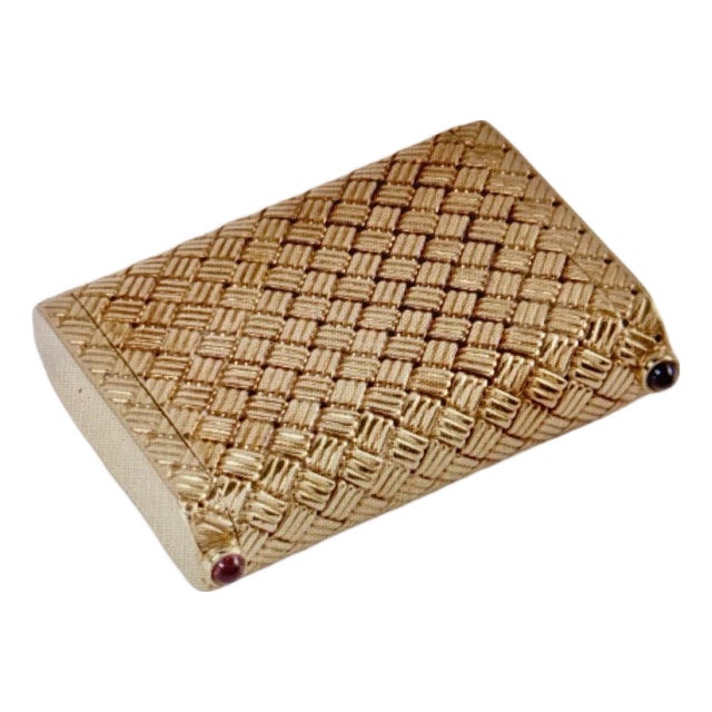 Vintage Tiffany & Co. 14k Gold Pill Box With Blue & Red Cabochons, Basketweave Design, 2 Compartments For Sale