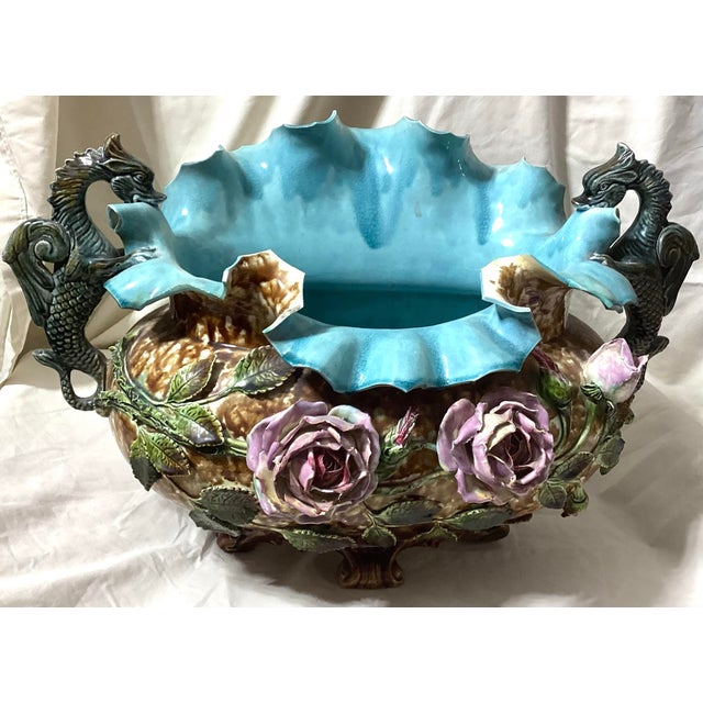 Antique French Barbotine Majolica Rose Basket Centerpiece Planter. Unique and rare hard to find piece This piece is in...