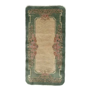 1920s Green Beige Tan Vintage Wool Chinese Art Deco Rug 2' X 3'11"