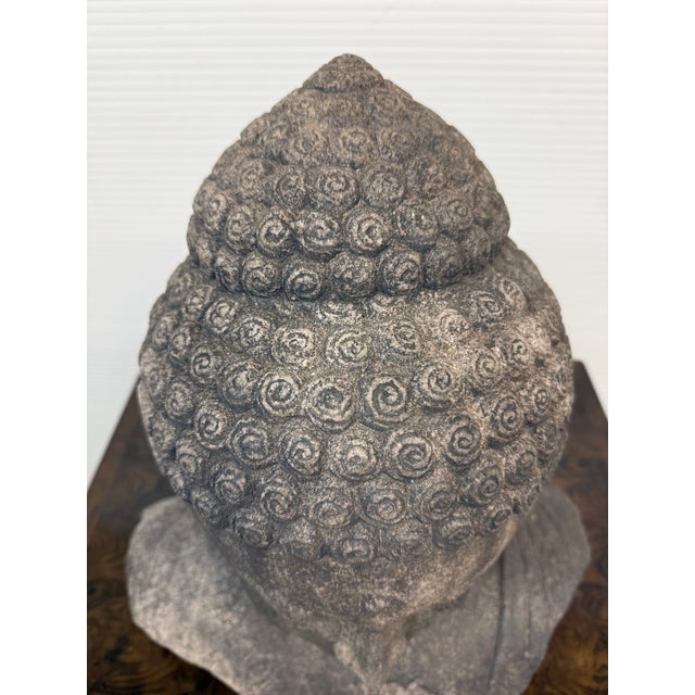 Gray Indonesian Hand Carved Lava Stone Buddha Bust For Sale - Image 8 of 12