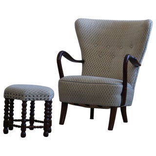 Set of Danish Modern Lounge Chair with Footstool in Beech by Slagelse Mobelvaerk, 1960s For Sale