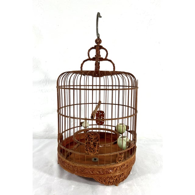 Chinese 1980's Vintage Intricately Hand Made Bamboo Bird Cage With Celadon Feeders and Dragons For Sale - Image 3 of 11