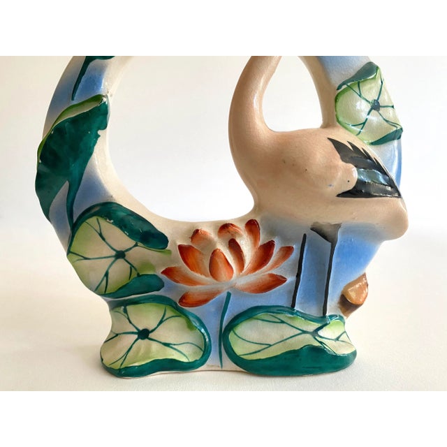 Vintage Art Deco 1940's Japan Art Pottery Hand Painted Flamingo Bird Porcelain Wall Pocket Vase For Sale In Kansas City - Image 6 of 13