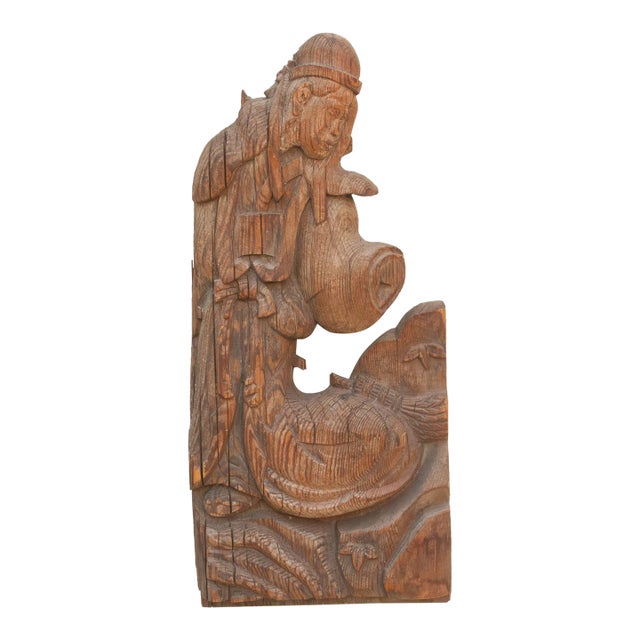 Rustic Handcarved Wood Temple Relief Panel For Sale