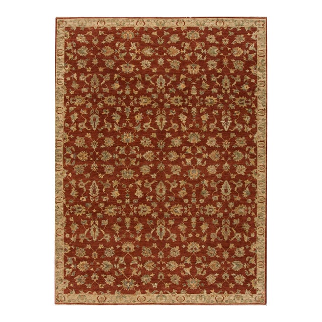 Contemporary Indian Handmade Burnt Orange Floral Wool Rug For Sale