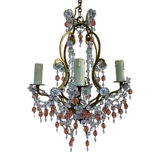 1940's Petit French Regency Bronze W/ Pink & Clear Crystal Chandelier Attrib. Maison Bagues For Sale