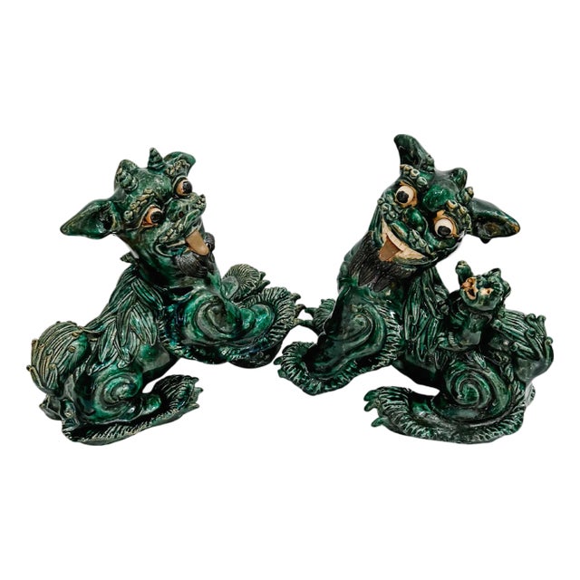 Large Vintage Chinese Green Glazed Pottery Kylin Chinese Dragons - a Pair For Sale