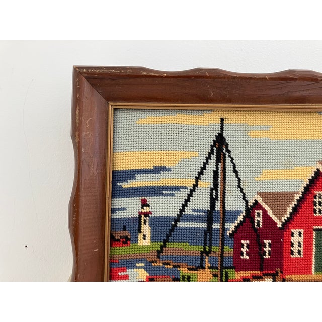 Nautical Vintage Nautical Needlepoint Harbor Scene-- Mid-Century Framed Needlework For Sale - Image 3 of 6