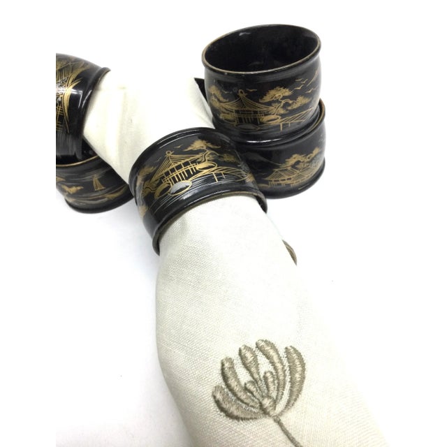 Antique Japanese Lacquered Wood Hand-Painted Napkin Rings Set of 6 For Sale In Portland, ME - Image 6 of 9