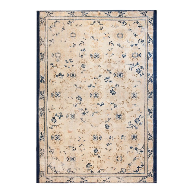 Splendid White Ivory Color With Delicate Palmettes Design Antique Chinese Ningxia Rug For Sale