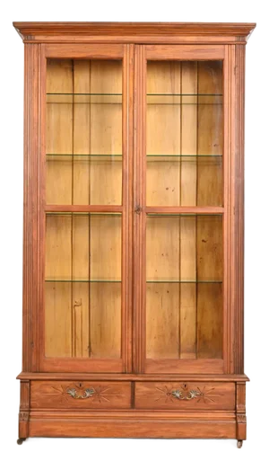 Antique Victorian Carved Walnut Glass Front Bookcase, Circa 1880s