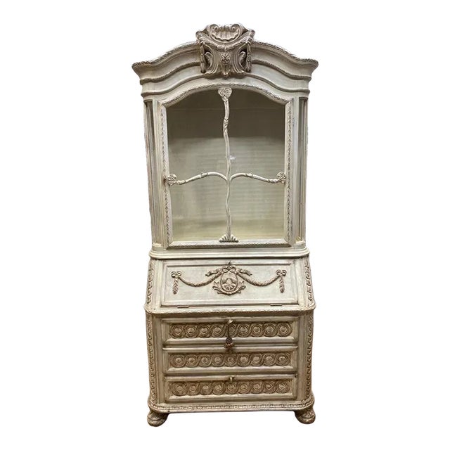 Vintage French Provincial Hand Carved White Secretary Desk and Display Cabinet For Sale