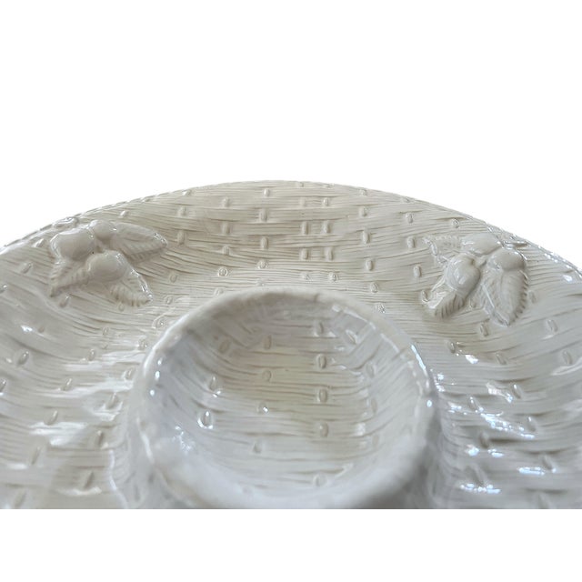 Mid 20th Century Mid 20th Century Loucarte Portugal White Majolica Ceramic Basketweave Serving Platter With Dip Bowl For Sale - Image 5 of 8