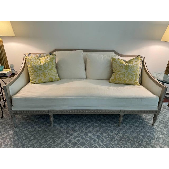 White Wood Framed Sofa in White Linen For Sale - Image 8 of 8