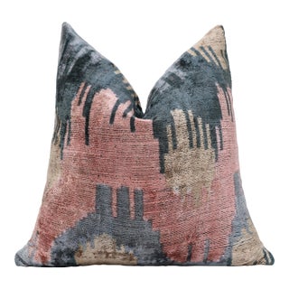 The Designer's Choice: Slate Blue & Dusty Rose Ikat Velvet Pillow 20x20 In For Sale