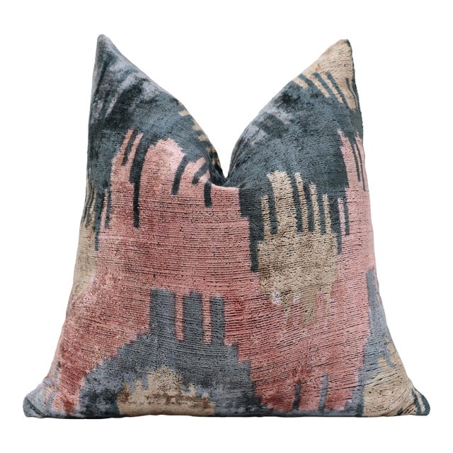 The Designer's Choice: Slate Blue & Dusty Rose Ikat Velvet Pillow 20x20 In For Sale