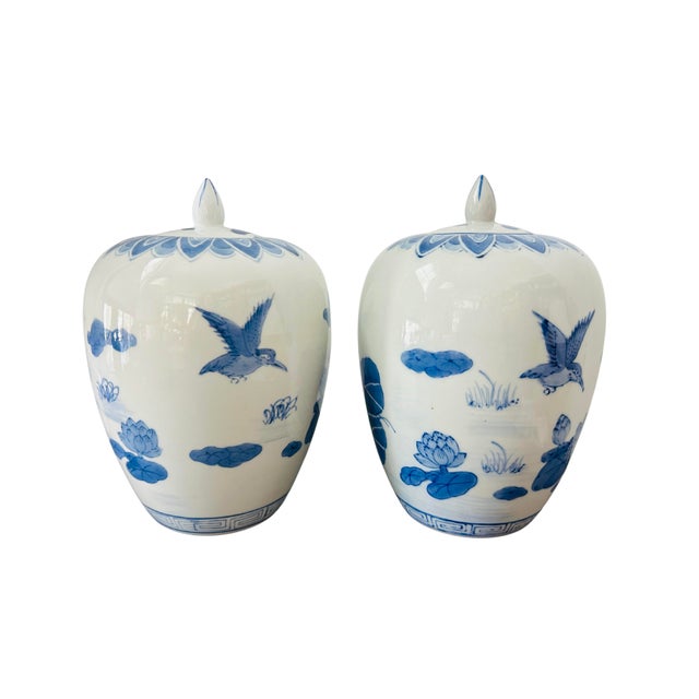 Mid 20th Century Pair of Vintage Chinese Blue & White Porcelain Ginger Jars With Lids | Chinoiserie Lotus & Bird Motif | Hand-Painted Cobalt Decor For Sale - Image 5 of 9