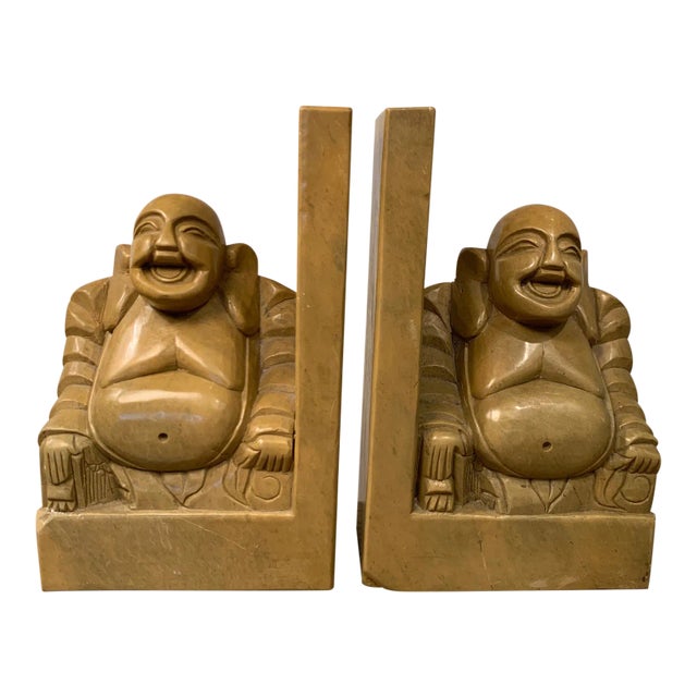 Mid 20th Century Carved Soapstone Smiling Buddha Bookends - a Pair For Sale
