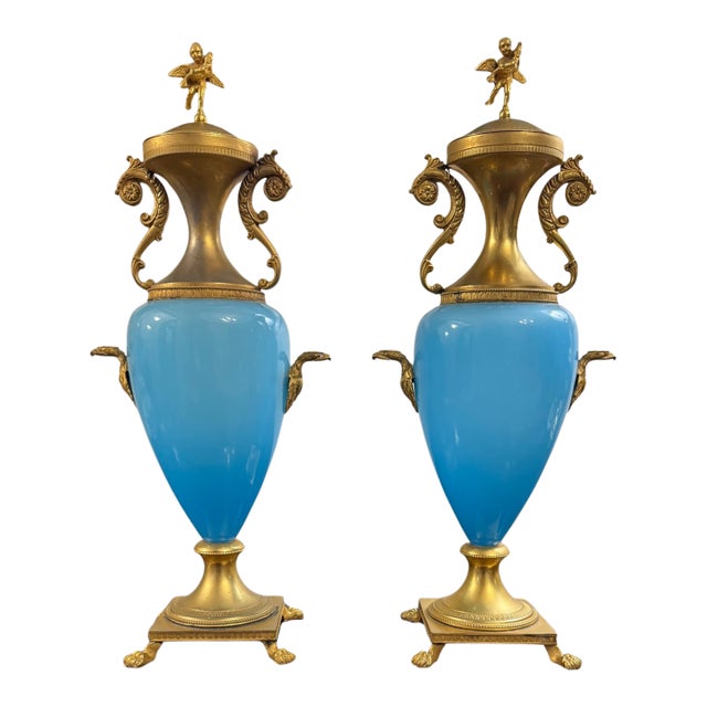 Antique French Blue Opaline Vase Urn Pair With Ormolu Mounts Cherub Finials Eagle Handles 19th Century For Sale