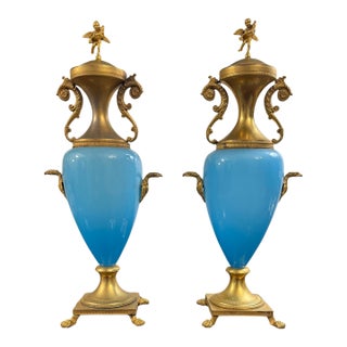 Pair Antique French Blue Opaline Urns With Ormolu Mounts Cherub Finials Eagle Handles 19th Century For Sale