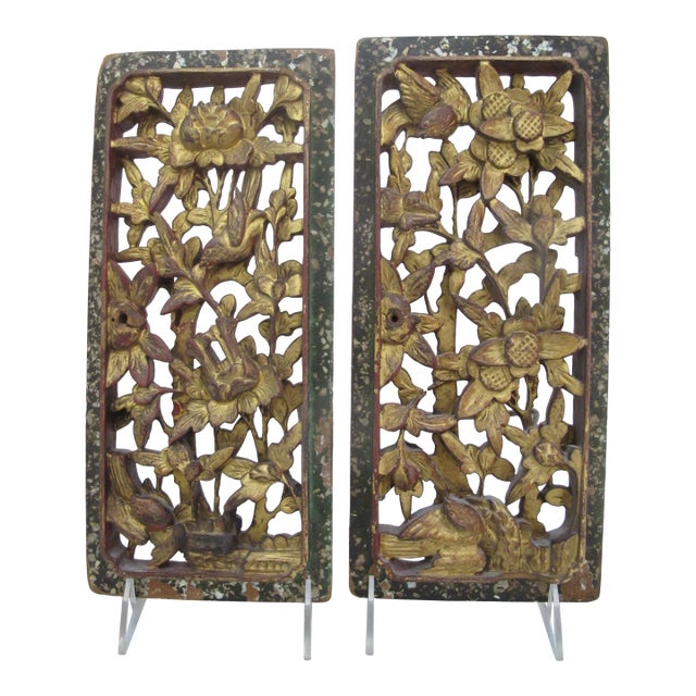 Chinese Red & Gold Gilt Lacquer Carved Wood Bird & Flower Cut-Out Panel Pair For Sale