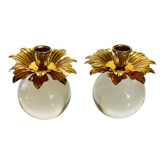 Mid 20th Century Brass & Glass Candle Holders- a Pair For Sale