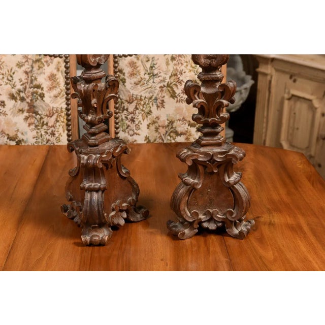 Italian 17th Century Baroque Period Altar Candlesticks with Carved Décor - A Pair For Sale - Image 9 of 12