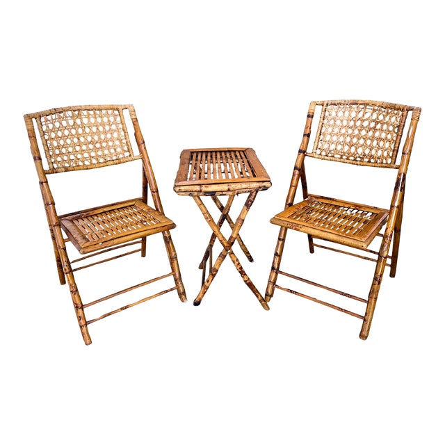 1970s Vintage Burned Bamboo Bistro Set With Folding Chairs - Set of 3 For Sale