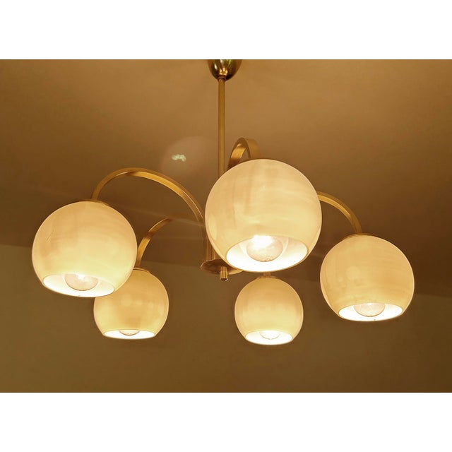 Art Deco Opaline Glass and Brass Pendant Light, 1950s For Sale - Image 10 of 15