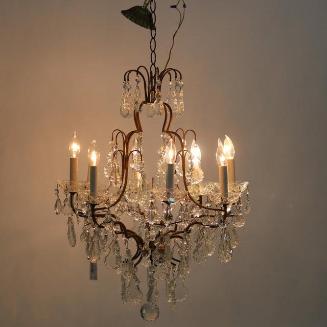 Art Deco Antique Bronze and Cut Crystal Eight Light Chandelier C1930 For Sale - Image 3 of 10