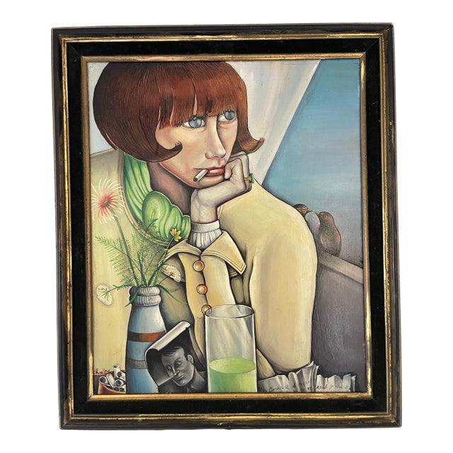 Portrait Oil Painting "Will He Come Back?" Oil on Hardboard Wood France 1970 Expressionism Movement, Framed For Sale