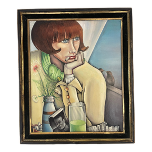 Portrait Oil Painting "Will He Come Back?" Oil on Hardboard Wood France 1970 Expressionism Movement, Framed