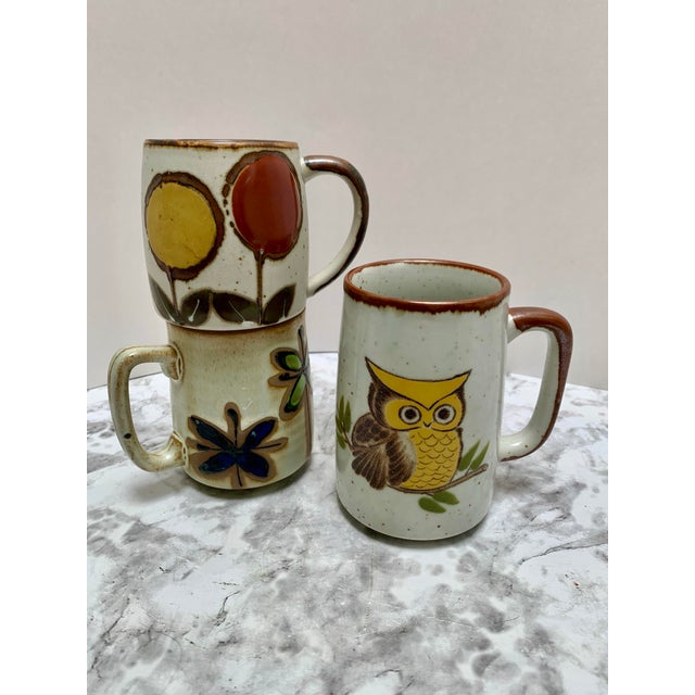 Midcentury Stoneware Whimsical Floral and Owl Motif Pottery Mugs-Set of Three For Sale - Image 12 of 12