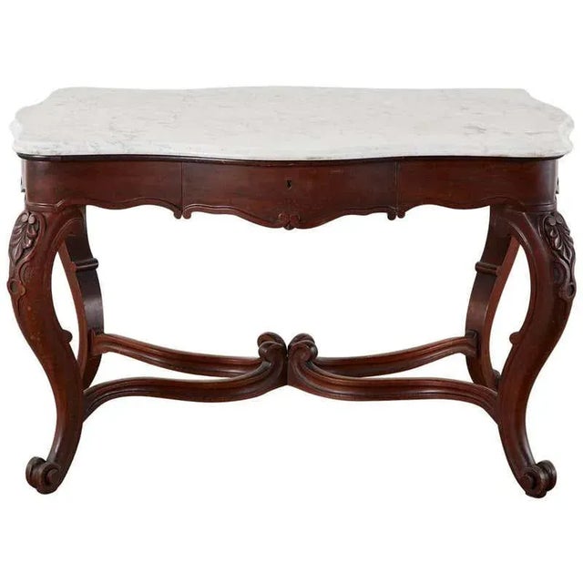 19th Century English Victorian Marble-Top Library Writing Table For Sale - Image 13 of 13