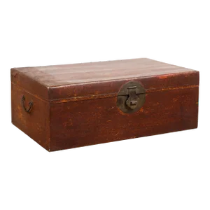 Chinese 19th Century Qing Dynasty Red Painted Paper Bound Trunk with Brass Lock
