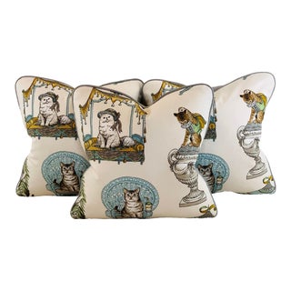 Designer P Kaufmann Aqua Gray Green Ivory Tan "Fabulous Felines" Cat Kitten Pillow Covers- 3 Pc Set For Sale