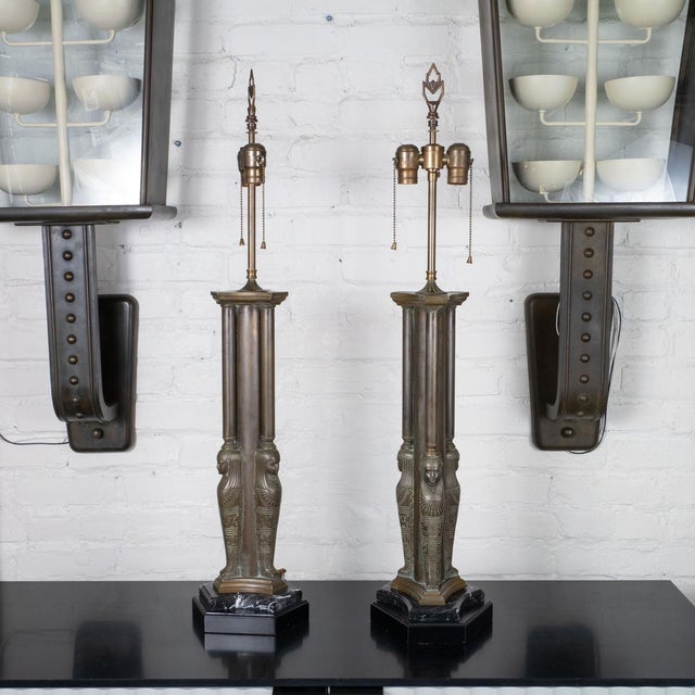 Metal Bronze Egyptian Figurehead Table Lamps - a Pair For Sale - Image 7 of 12