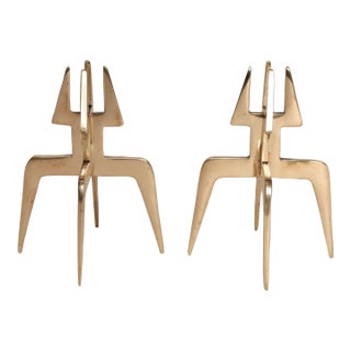 Pair of Sculptural Vintage Brutalist Candle Holders in Polished Brass For Sale