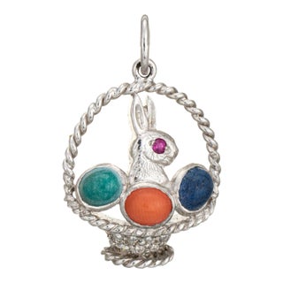 Vintage Art Deco Charm Easter Bunny in Egg Basket Pendant Platinum Fine Jewellery For Sale